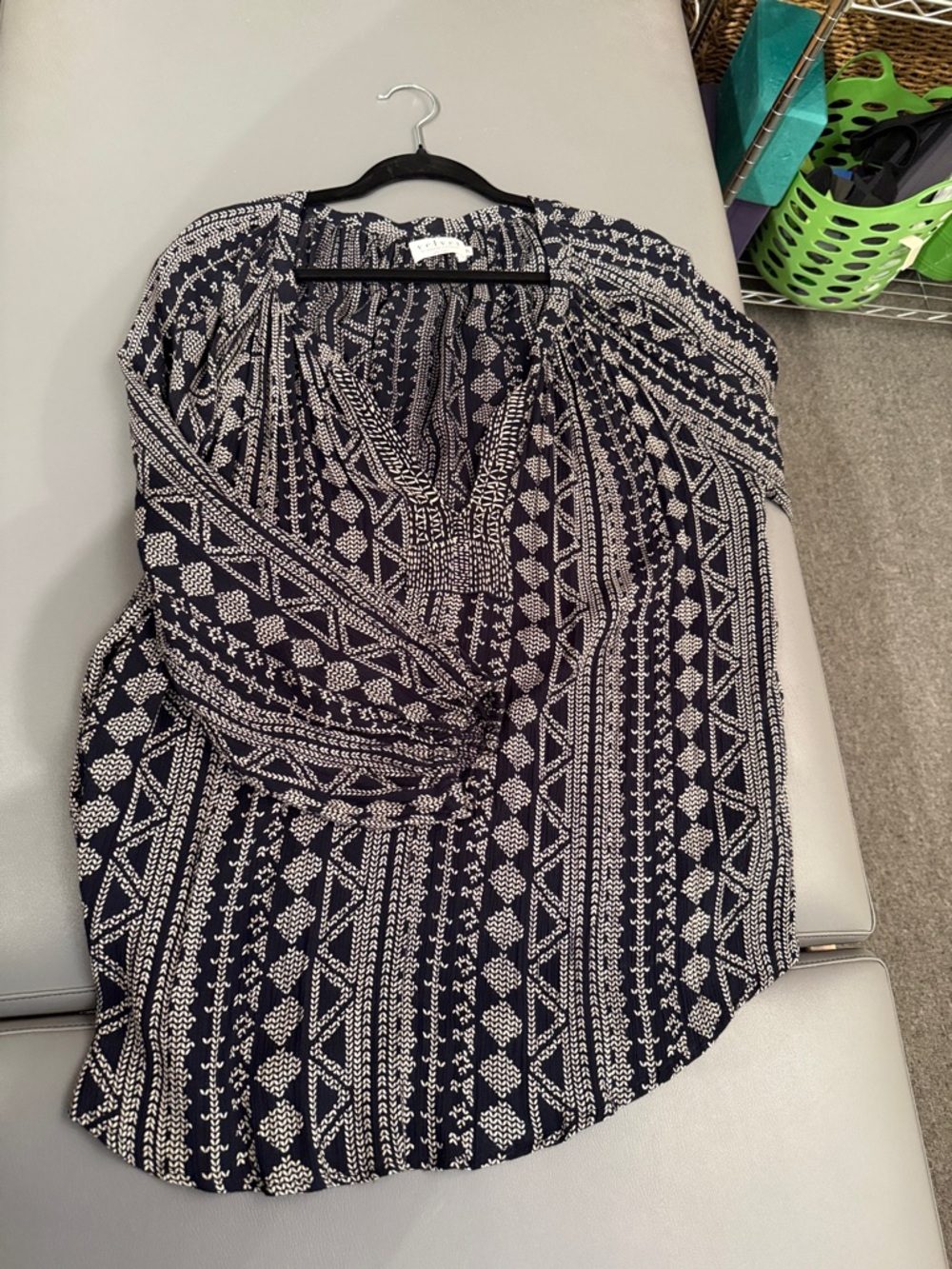 Velvet by Graham & Spencer Navy and White Geometric V-Neck Peasant Blouse